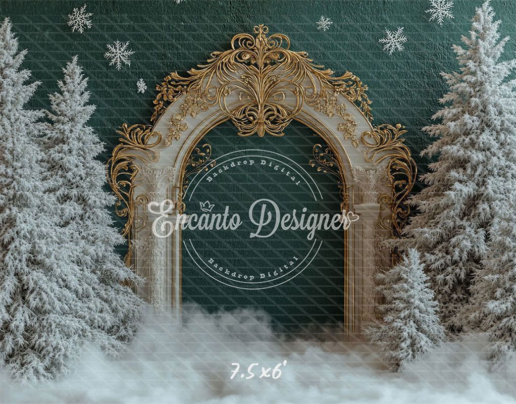 Golden Ornate Arch Snowy Trees Snowflakes Christmas Backdrop - Layoris