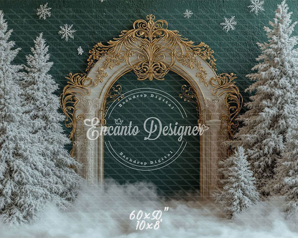 Golden Ornate Arch Snowy Trees Snowflakes Christmas Backdrop - Layoris