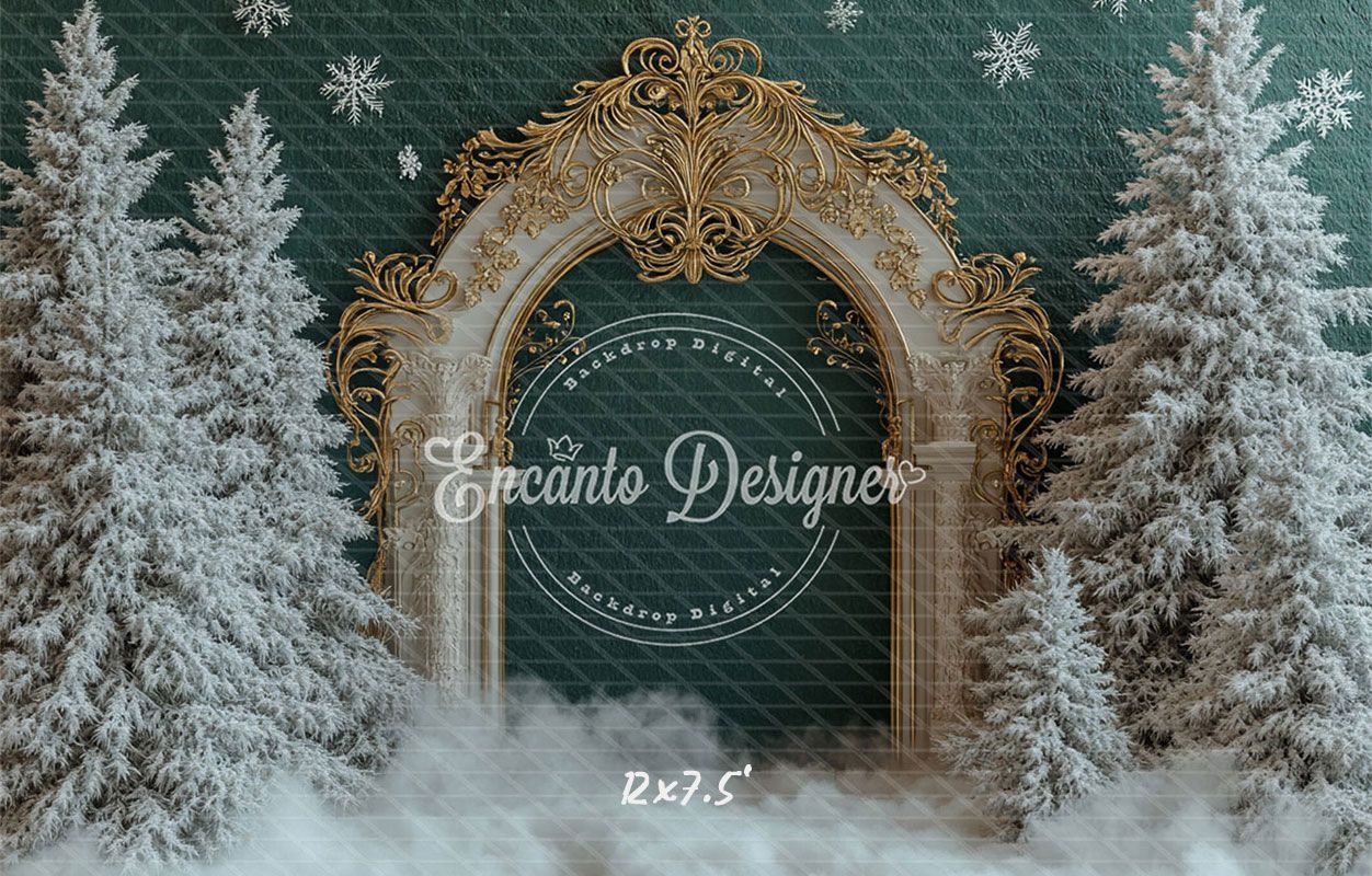 Golden Ornate Arch Snowy Trees Snowflakes Christmas Backdrop - Layoris