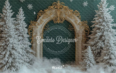 Golden Ornate Arch Snowy Trees Snowflakes Christmas Backdrop - Layoris
