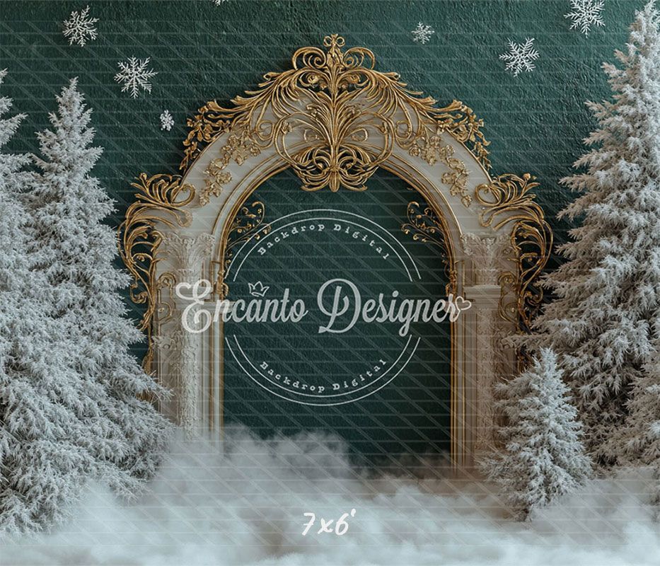 Golden Ornate Arch Snowy Trees Snowflakes Christmas Backdrop - Layoris