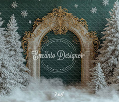 Golden Ornate Arch Snowy Trees Snowflakes Christmas Backdrop - Layoris
