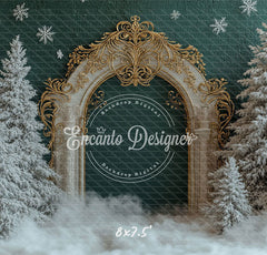 Golden Ornate Arch Snowy Trees Snowflakes Christmas Backdrop - Layoris