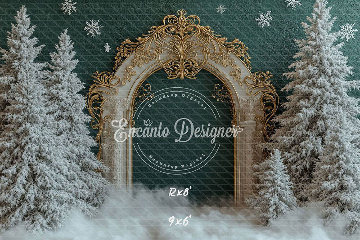 Golden Ornate Arch Snowy Trees Snowflakes Christmas Backdrop - Layoris