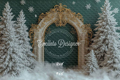 Golden Ornate Arch Snowy Trees Snowflakes Christmas Backdrop - Layoris