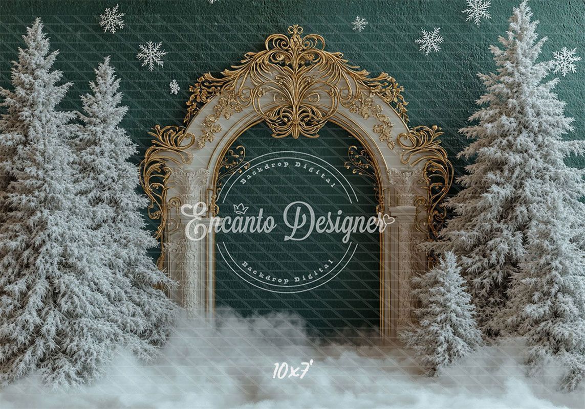 Golden Ornate Arch Snowy Trees Snowflakes Christmas Backdrop - Layoris