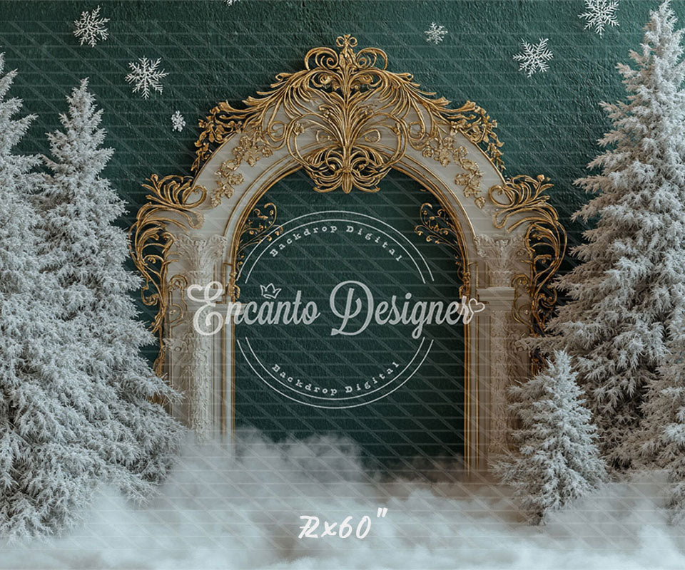 Golden Ornate Arch Snowy Trees Snowflakes Christmas Backdrop - Layoris