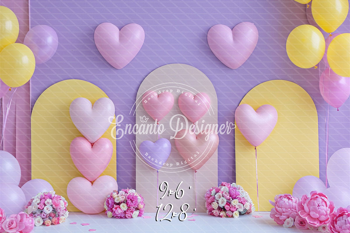 Pink Purple Heart Balloon Photo Backdrop Girlish Shooting Background - Layoris