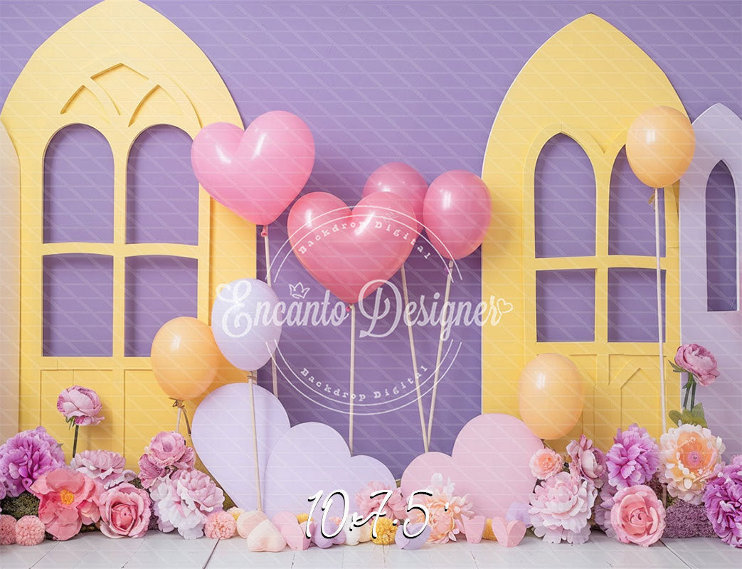 Pastel Yellow Window Purple Backdrop Heart Balloon Photo Shooting Background - Layoris