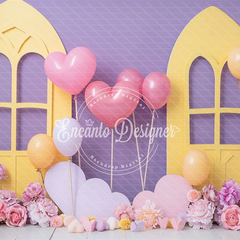 Pastel Yellow Window Purple Backdrop Heart Balloon Photo Shooting Background - Layoris