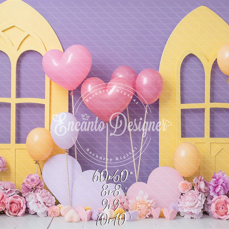 Pastel Yellow Window Purple Backdrop Heart Balloon Photo Shooting Background - Layoris