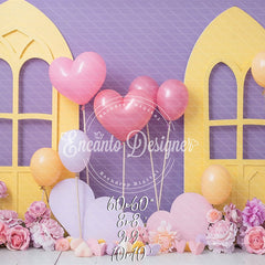 Pastel Yellow Window Purple Backdrop Heart Balloon Photo Shooting Background - Layoris