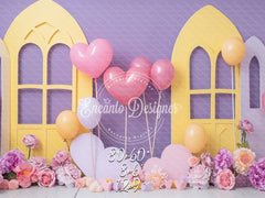 Pastel Yellow Window Purple Backdrop Heart Balloon Photo Shooting Background - Layoris