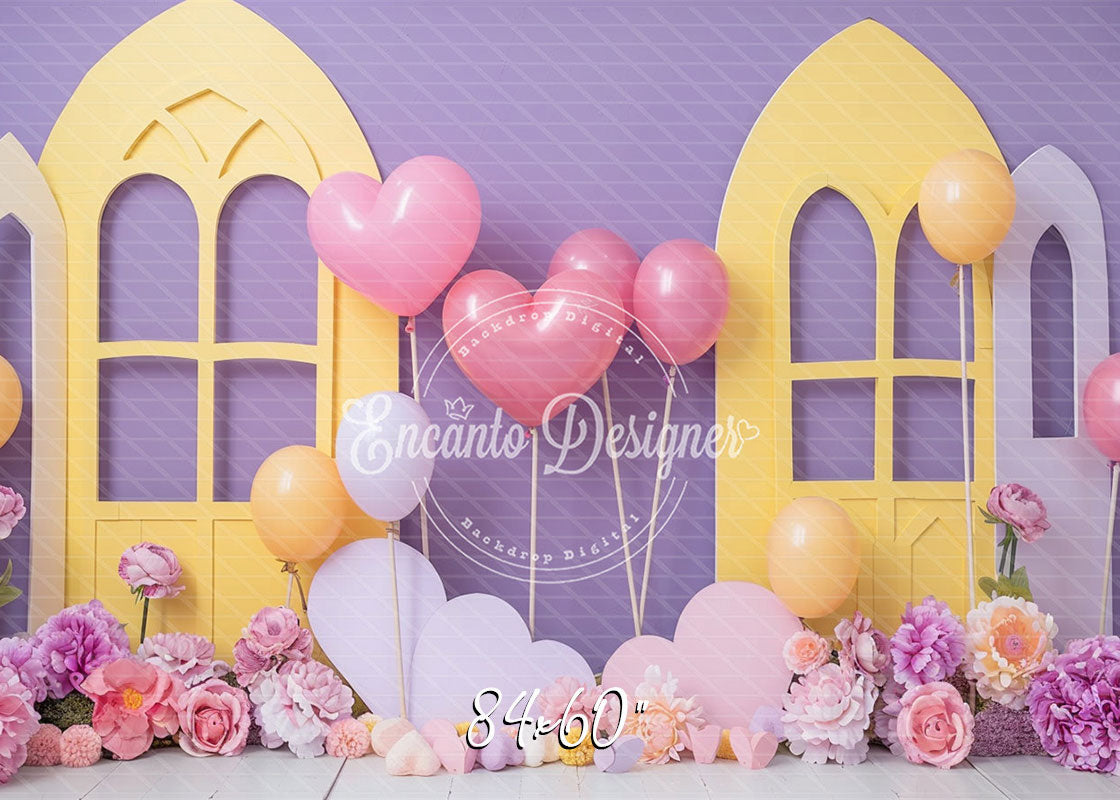 Pastel Yellow Window Purple Backdrop Heart Balloon Photo Shooting Background - Layoris