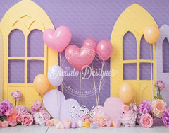 Pastel Yellow Window Purple Backdrop Heart Balloon Photo Shooting Background - Layoris