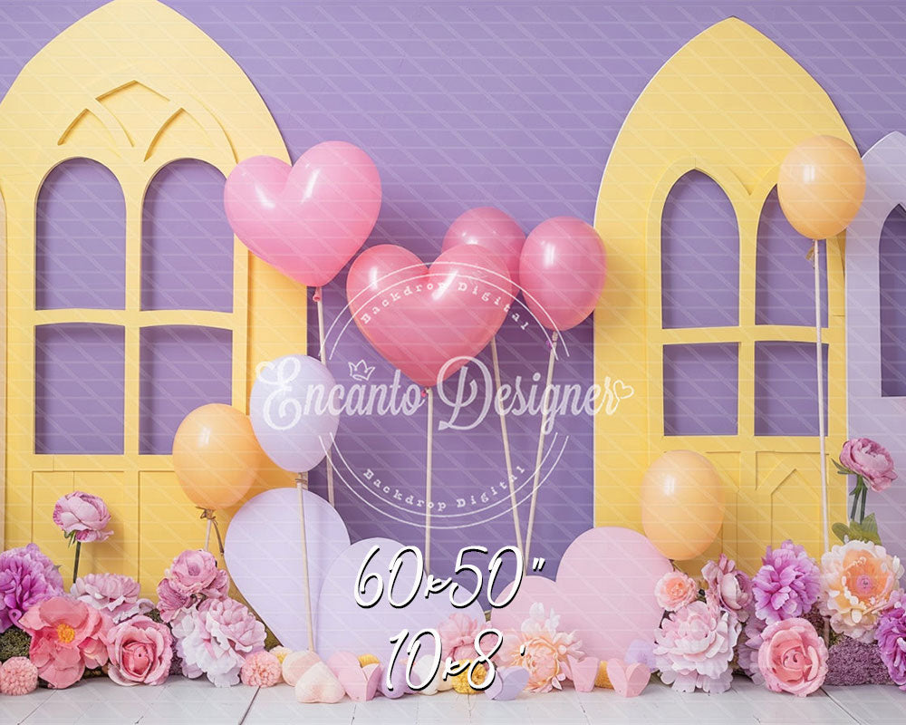 Pastel Yellow Window Purple Backdrop Heart Balloon Photo Shooting Background - Layoris