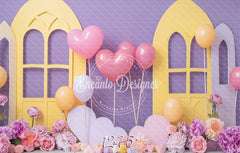 Pastel Yellow Window Purple Backdrop Heart Balloon Photo Shooting Background - Layoris