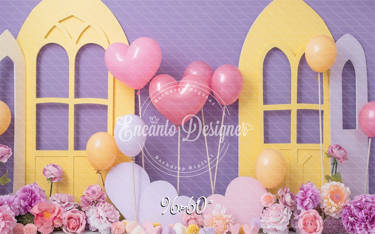 Pastel Yellow Window Purple Backdrop Heart Balloon Photo Shooting Background - Layoris