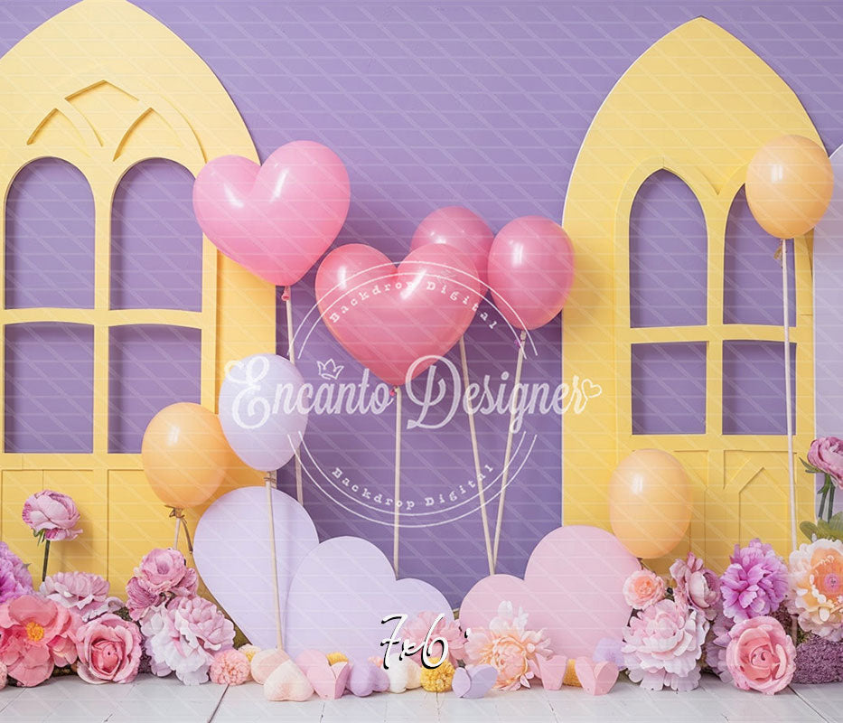 Pastel Yellow Window Purple Backdrop Heart Balloon Photo Shooting Background - Layoris