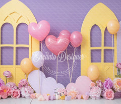 Pastel Yellow Window Purple Backdrop Heart Balloon Photo Shooting Background - Layoris