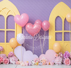Pastel Yellow Window Purple Backdrop Heart Balloon Photo Shooting Background - Layoris