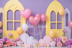 Pastel Yellow Window Purple Backdrop Heart Balloon Photo Shooting Background - Layoris