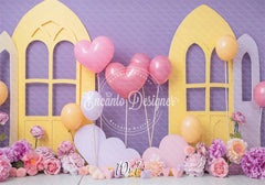 Pastel Yellow Window Purple Backdrop Heart Balloon Photo Shooting Background - Layoris
