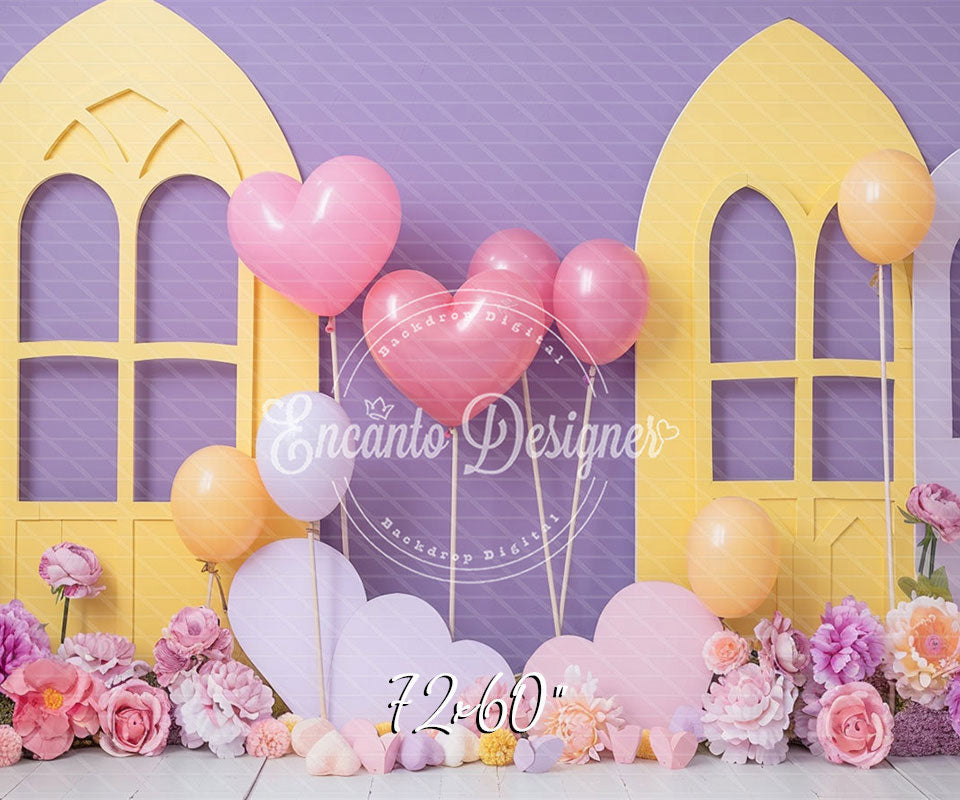 Pastel Yellow Window Purple Backdrop Heart Balloon Photo Shooting Background - Layoris