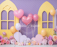 Pastel Yellow Window Purple Backdrop Heart Balloon Photo Shooting Background - Layoris