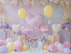 Pink Yellow Heart Balloon Photo Backdrop Floral Hanging Photography Background - Layoris