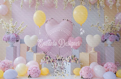 Pink Yellow Heart Balloon Photo Backdrop Floral Hanging Photography Background - Layoris