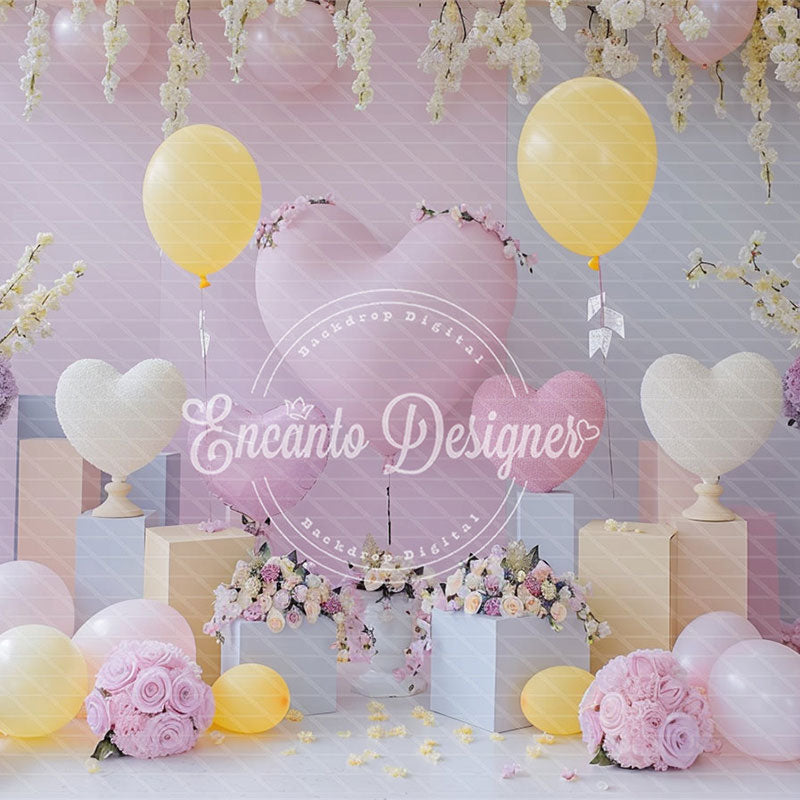 Pink Yellow Heart Balloon Photo Backdrop Floral Hanging Photography Background - Layoris