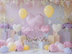 Pink Yellow Heart Balloon Photo Backdrop Floral Hanging Photography Background - Layoris