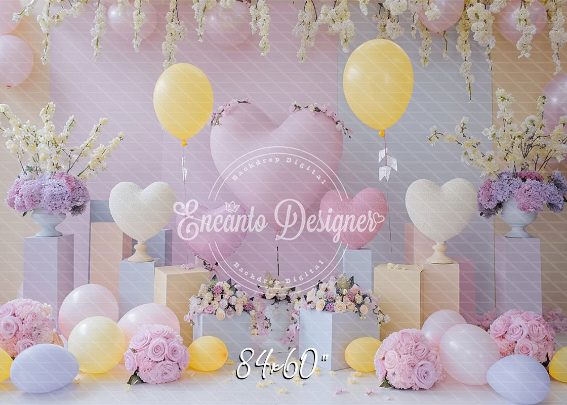 Pink Yellow Heart Balloon Photo Backdrop Floral Hanging Photography Background - Layoris