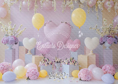 Pink Yellow Heart Balloon Photo Backdrop Floral Hanging Photography Background - Layoris