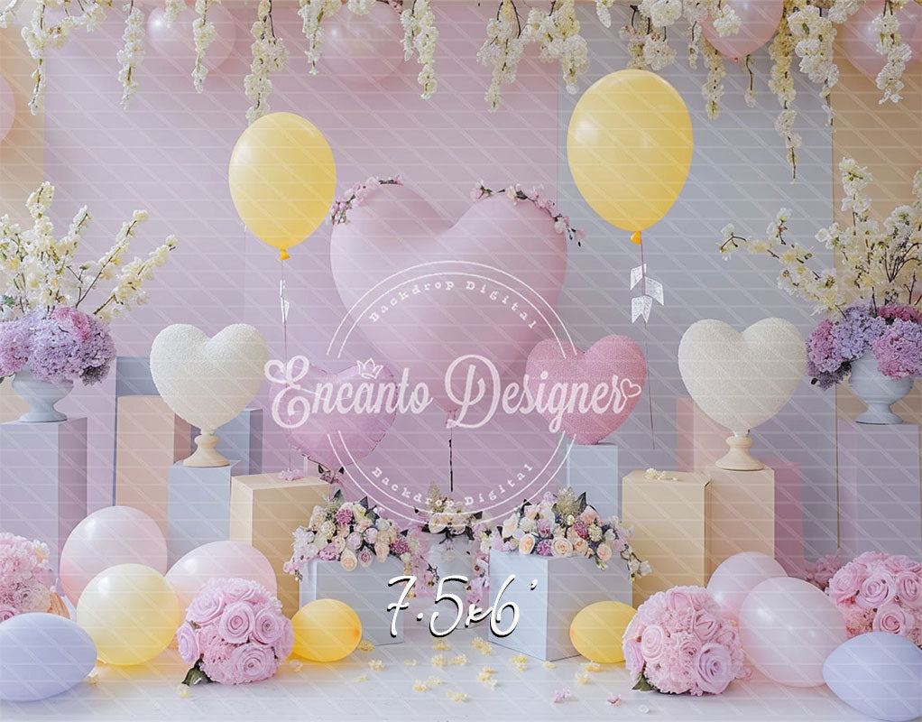 Pink Yellow Heart Balloon Photo Backdrop Floral Hanging Photography Background - Layoris