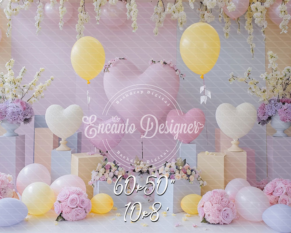 Pink Yellow Heart Balloon Photo Backdrop Floral Hanging Photography Background - Layoris