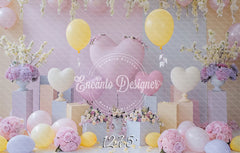 Pink Yellow Heart Balloon Photo Backdrop Floral Hanging Photography Background - Layoris