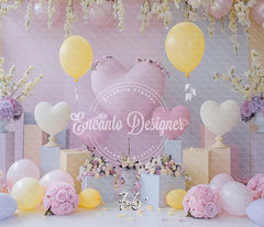 Pink Yellow Heart Balloon Photo Backdrop Floral Hanging Photography Background - Layoris