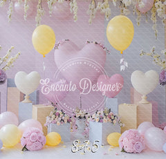 Pink Yellow Heart Balloon Photo Backdrop Floral Hanging Photography Background - Layoris