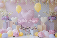 Pink Yellow Heart Balloon Photo Backdrop Floral Hanging Photography Background - Layoris