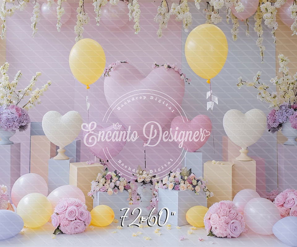 Pink Yellow Heart Balloon Photo Backdrop Floral Hanging Photography Background - Layoris