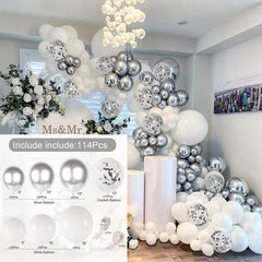 114Pcs White And Silver Balloon Arch Kit - Layoris