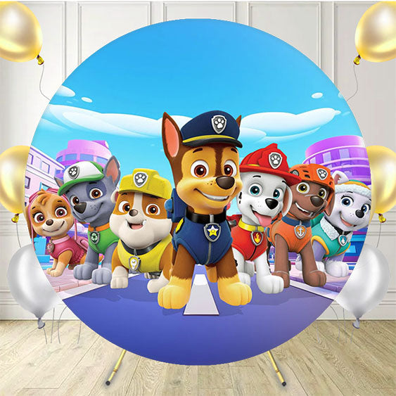 Cute Dog Cartoon Round Birthday Backdrop For Kids - Layoris