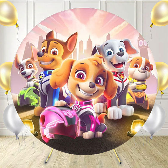 Brave Dog Team Cartoon Round Happy Birthday Backdrop - Layoris