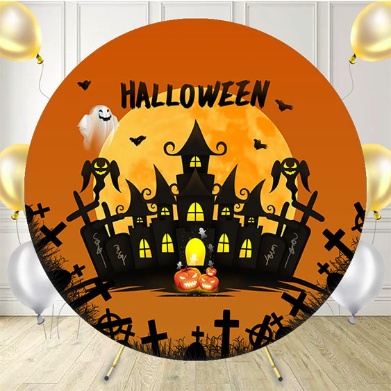 Castle Moon Orange Halloween Round Backdrop - Layoris
