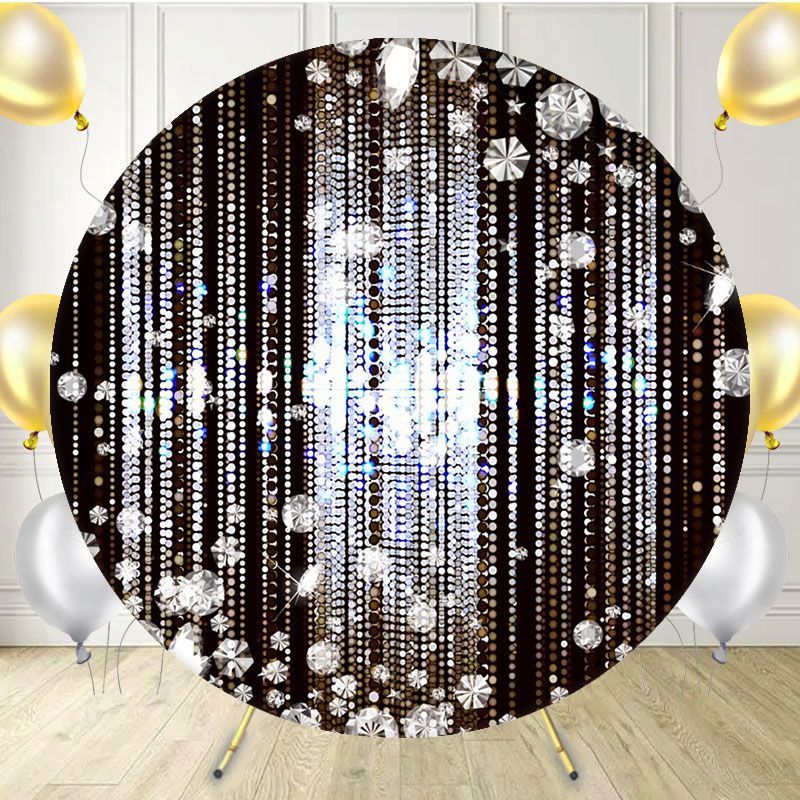 Silver Glitter Diamonds Round Black Birthday Party Backdrop - Layoris