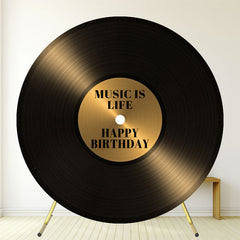 Black Gold Vinyl Record Musical Round Birthday Backdrop - Layoris