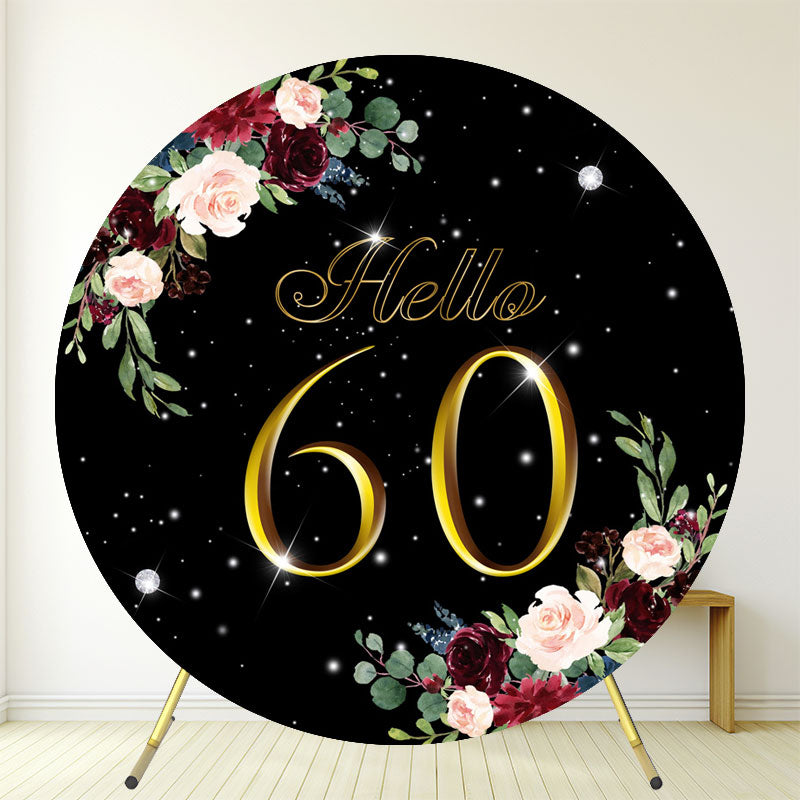 Gold Hello 60 Floral Black Round Birthday Backdrop - Layoris