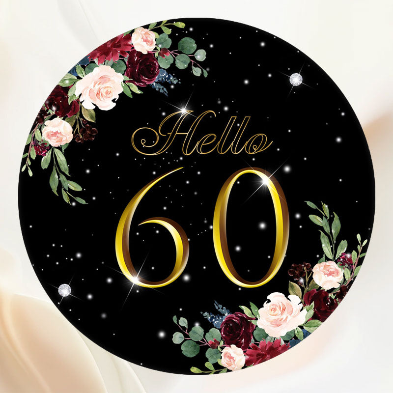 Gold Hello 60 Floral Black Round Birthday Backdrop - Layoris